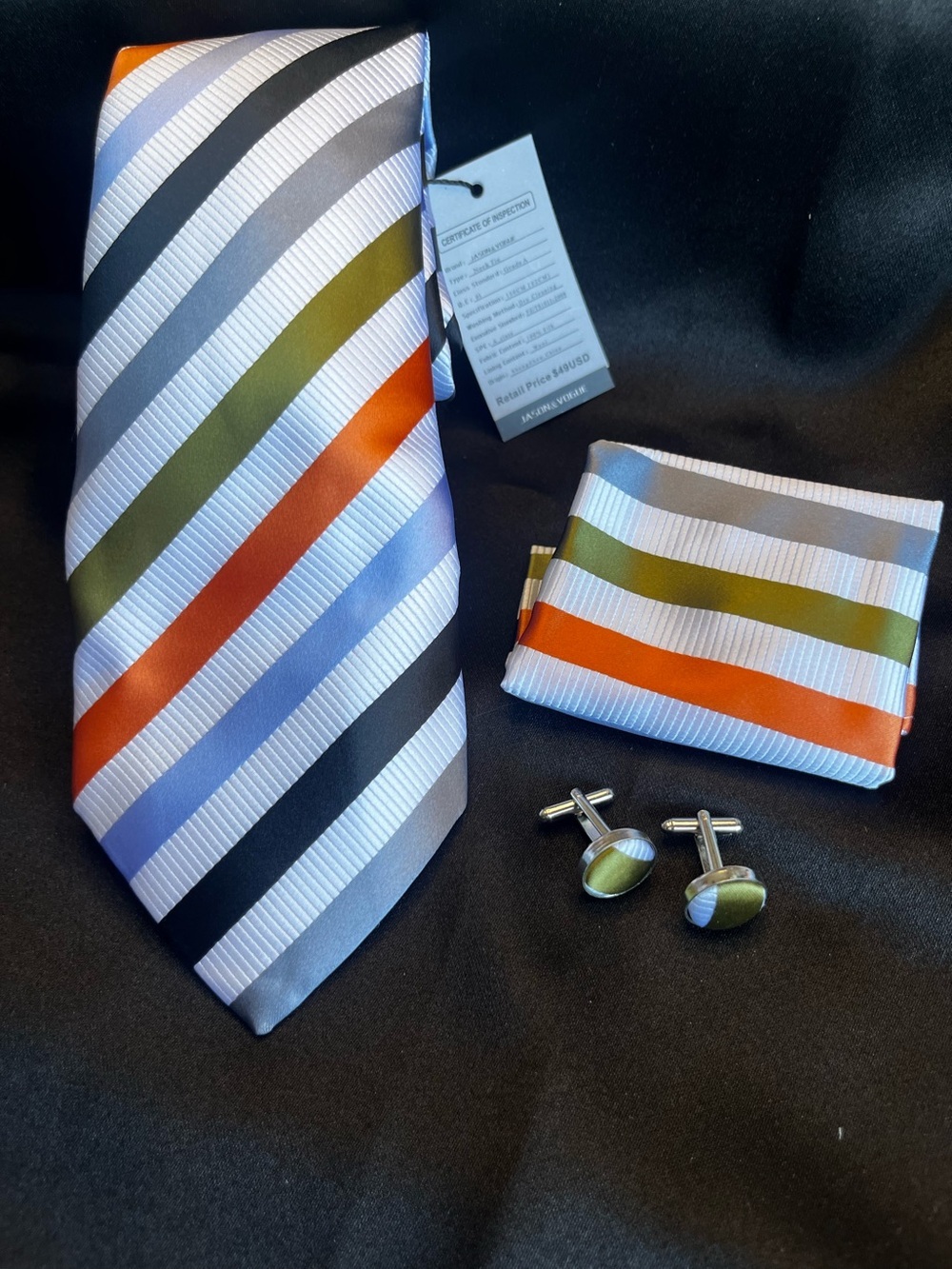 Men's Striped Tie, Pocket Square & Cufflinks Set - Multicolor